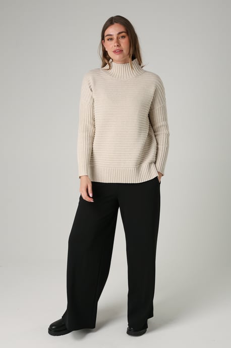 Beige Cotton Ribbed Knit High Neck Jumper - Image 3
