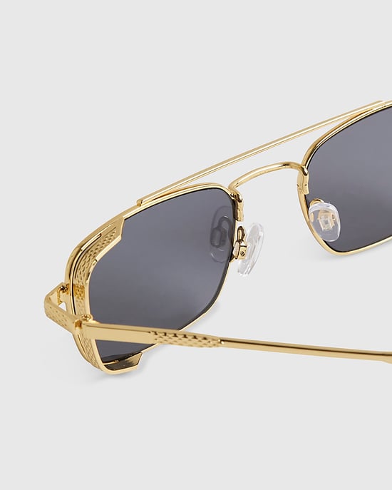River Island Mens Rectangle Sunglasses Gold Flat Top Black Lenses - Image 3