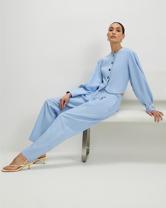 River Island Womens Barrel Trousers Blue Linen Blend Tailored - Image 4