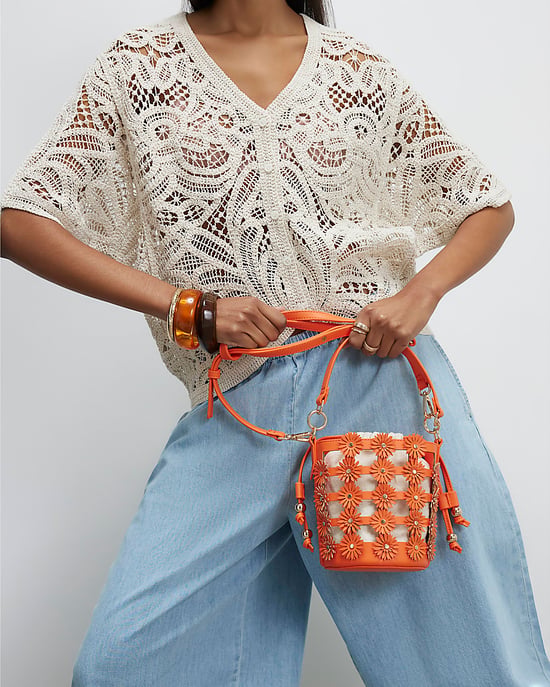 River Island Womens Bucket Bag Orange 3D Floral Cut Out - Image 5