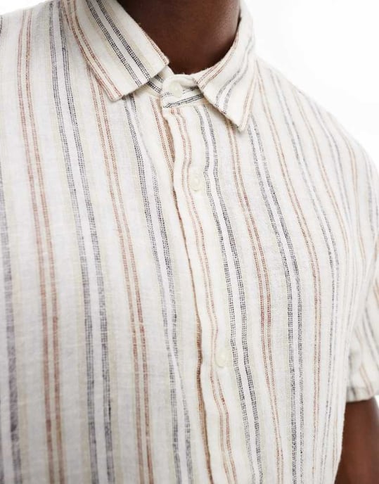 Abercrombie & Fitch randig linneskjorta med kort ärm i krämfärg - Image 3