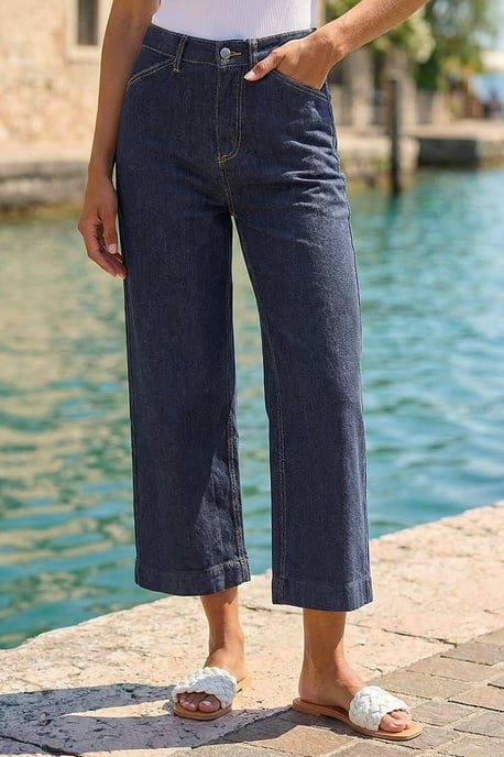 Wide Leg Stretch Denim Cropped Culottes - Image 2