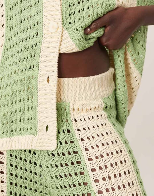 ARRANGE knitted vertical stripe wide leg trouser co-ord in green - Image 3