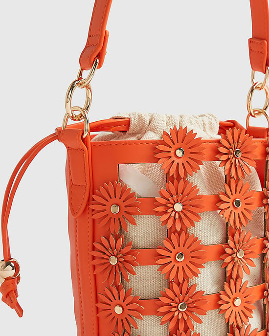 River Island Womens Bucket Bag Orange 3D Floral Cut Out - Image 3