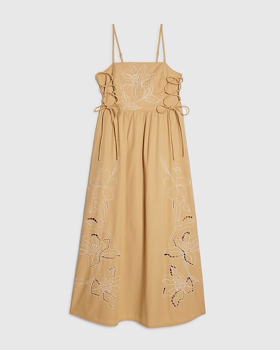 River Island Womens Midi Dress Beige Cotton Broderie Tie Side - Image 6