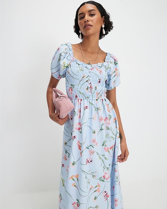 River Island Womens Midi Dress Blue Cotton Floral Shirred Short Sleeve - Image 4
