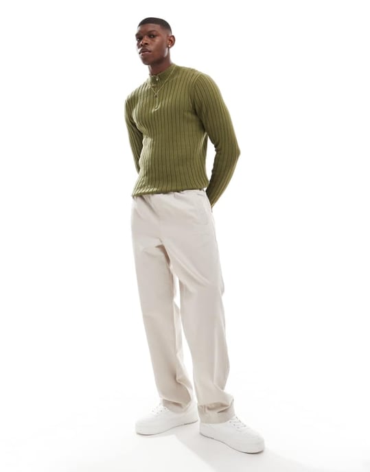 ASOS DESIGN essential muscle fit knitted rib 1/2 zip jumper in khaki - Image 2