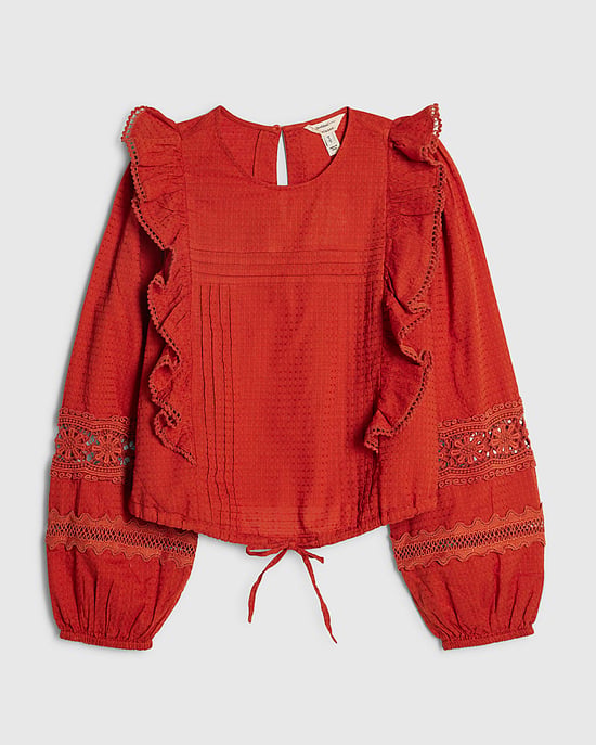 River Island Womens Blouse Orange Long Sleeve Ruffle Round Neck - Image 6
