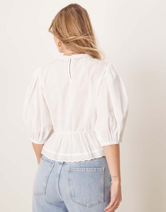Gina Tricot puff sleeve blouse top with embroidered cutwork front bodice detail in white - Image 3
