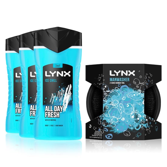3x Lynx 3-in-1 Ice Chill All Day Fresh Bodywash 225ml with Manwasher Shower Tool - Image 1