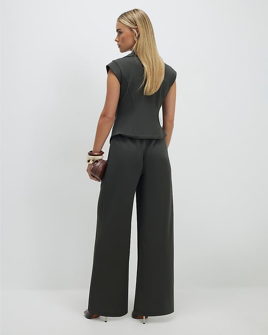 River Island Womens Jumpsuit Petite Green Cap Sleeve Wide Leg V-Neck - Image 2