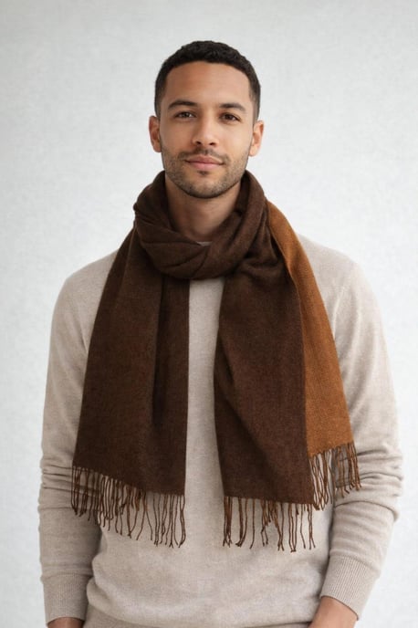 Reversible Two-Tone Cashmere Blend Scarf With Tassels in Brown - Image 3