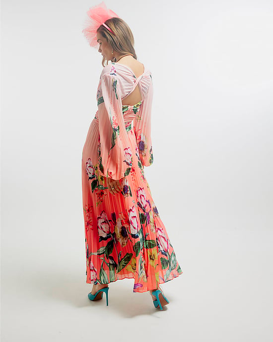 River Island Womens Midi Dress Pink Premium Plisse Floral Zip - Image 3