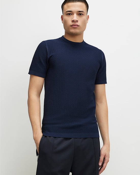 River Island Mens T-Shirt Navy Muscle Fit Zig Zag Textured - Image 1