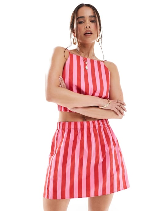 ASOS DESIGN cotton mini skirt co-ord in pink and red stripe - Image 2