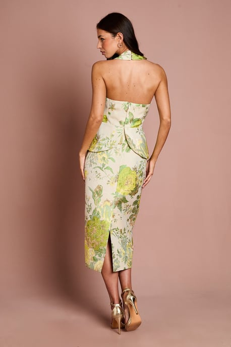 Cross Neck Peplum Hem Jacquard Pencil Skirt - Image 3