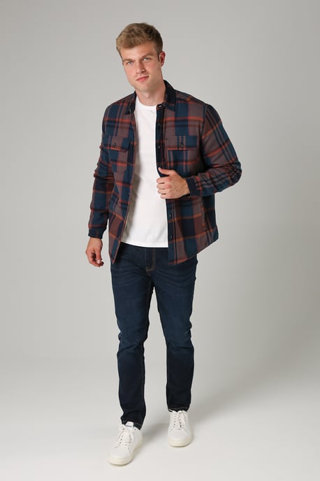 Dark Navy Cotton Checked Long Sleeve Shirt With Sherpa Lining - Image 3