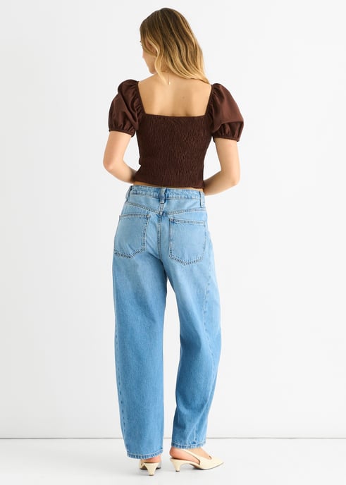 Chocolate Puff Sleeve Shirred Cotton Top - Image 4