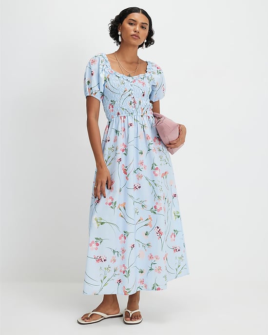 River Island Womens Midi Dress Blue Cotton Floral Shirred Short Sleeve - Image 1