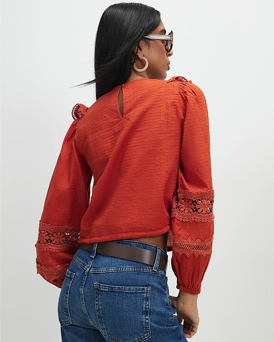 River Island Womens Blouse Orange Long Sleeve Ruffle Round Neck - Image 3