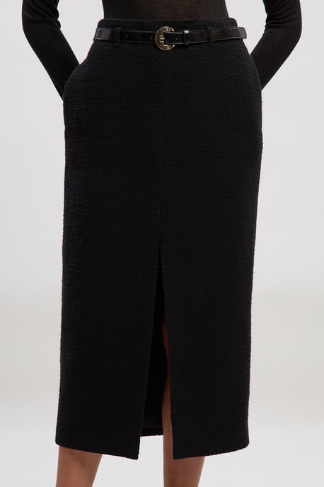 Textured Tweed Tailored Belted Pencil Skirt - Image 2