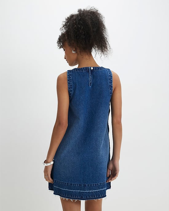 River Island Womens Mini Dress Blue Denim Popper Swing Round Neck - Image 3