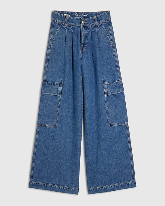 River Island Womens Wide Leg Jeans Blue Pleated Cargo Pocket - Image 6