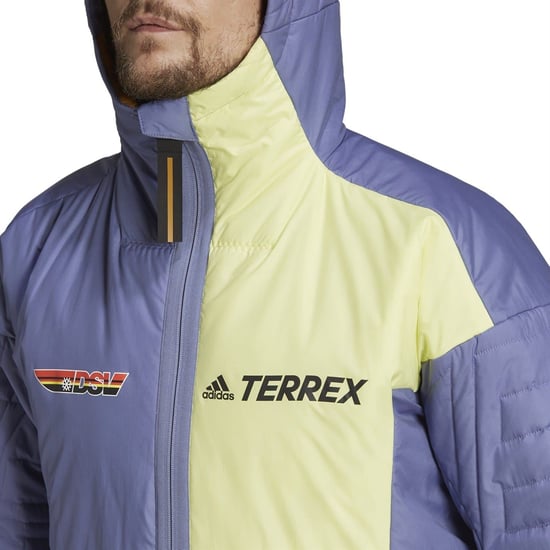 Men's adidas Myshelter Primaloft Hooded Padded Jacket me in Orbit Violet / Pulse Yellow - Image 6