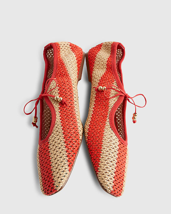 River Island Womens Mary Janes Red Raffia Fabric Striped Round Toe - Image 4