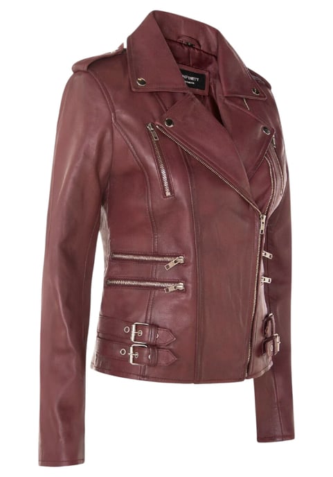 Womens Leather Burgundy Brando Biker Jacket-Constantia - Image 4