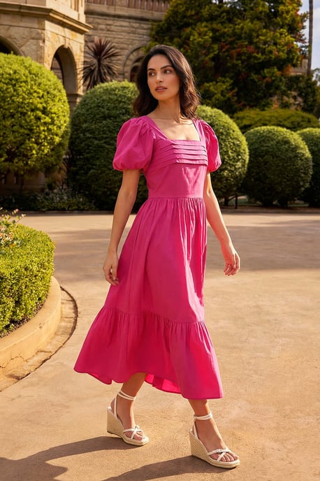 Dusk Cotton Pleated Puff Midi Dress - Image 1