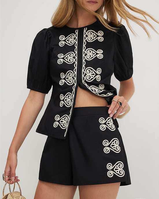 River Island Womens Shorts Black Poplin Fabric Embroidered Elasticated - Image 1