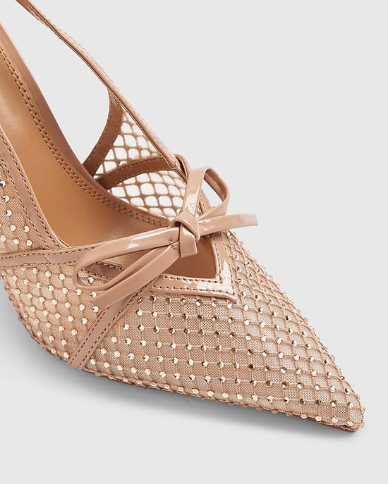 River Island Womens Slingback Heels Beige Mesh Bow Pointed Toe - Image 4