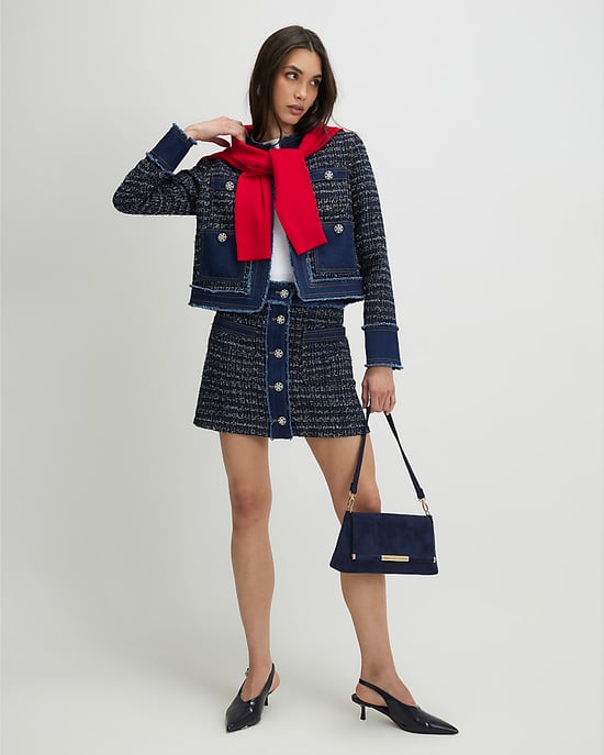 River Island Womens A-Line Mini Skirt Blue Boucle Fabric Button Denim - Image 2