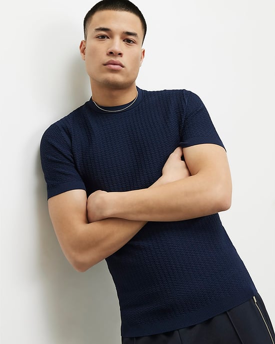 River Island Mens T-Shirt Navy Muscle Fit Zig Zag Textured - Image 2