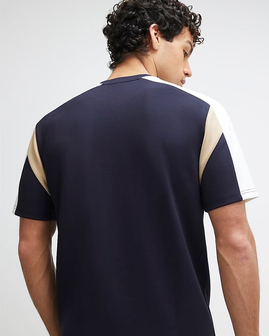 River Island Mens T-Shirt Navy Slim Fit Shoulder Colour Block - Image 3