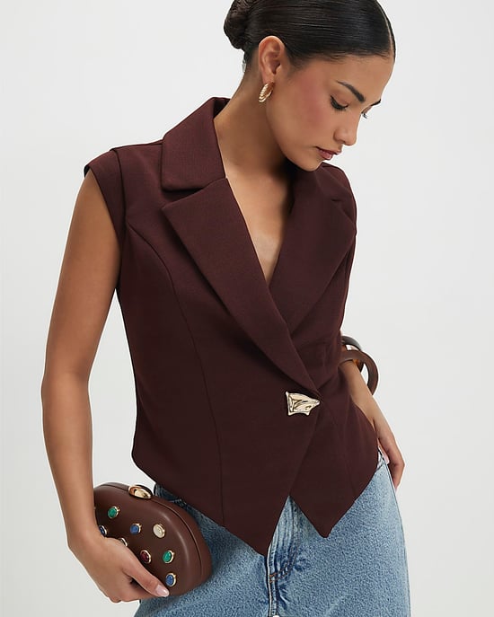 River Island Womens Waistcoat Petite Brown Cap Sleeve Twill - Image 1