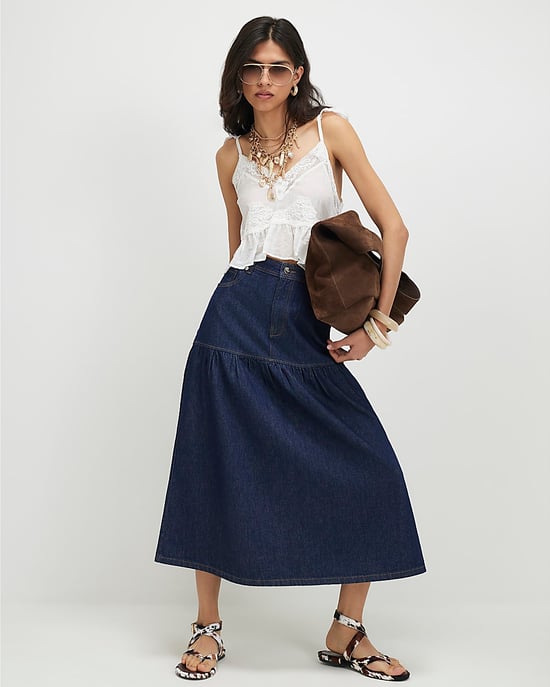 River Island Womens Midi Skirt Blue Panelled Denim Button Zip - Image 2