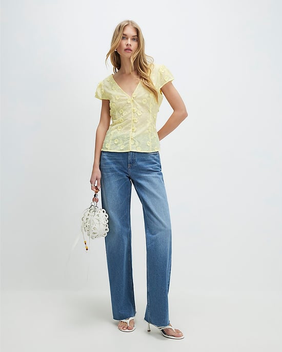 River Island Womens Blouse Yellow 3D Floral Embellished Short Sleeve - Image 4