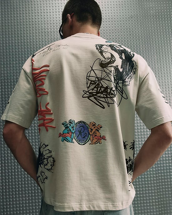 River Island Mens T-Shirt Beige Oversized Cotton Graffiti Print - Image 2