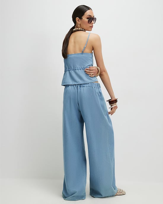 River Island Womens Wide Leg Trousers Blue Denim Look Drawstring - Image 2