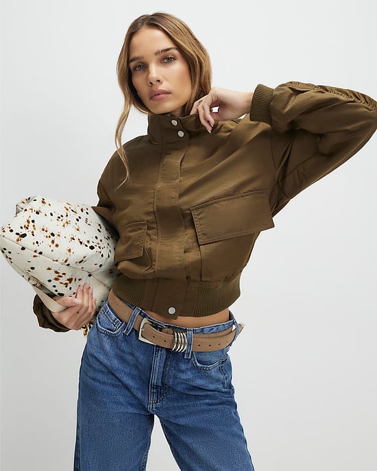 River Island Womens Bomber Jacket Khaki Funnel Neck Long Sleeve - Image 1