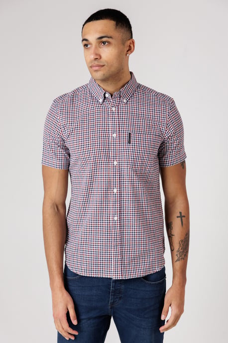 Red Cotton Short Sleeve Gingham Chest Pocket Shirt - Image 1