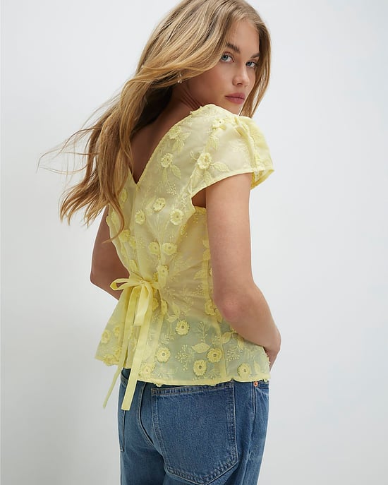 River Island Womens Blouse Yellow 3D Floral Embellished Short Sleeve - Image 3