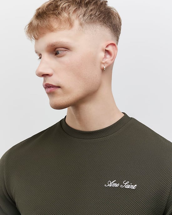 River Island Mens T-Shirt Khaki Slim Fit Textured Ame Saint - Image 2