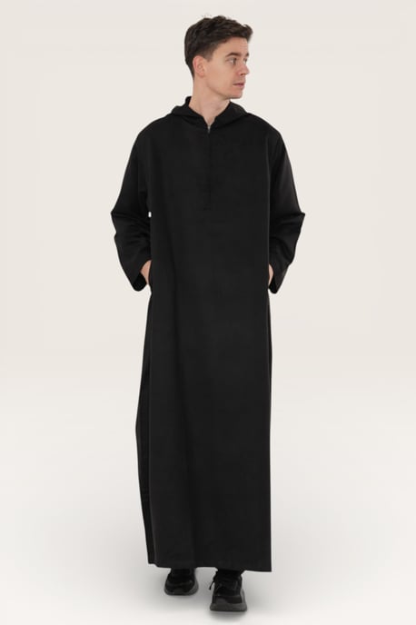 Heren zwarte Eid Marokkaanse Jubba Robe Ramadan Eid Thobe LFS met capuchon - HM12 - Image 3