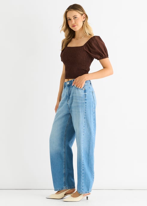 Chocolate Puff Sleeve Shirred Cotton Top - Image 3