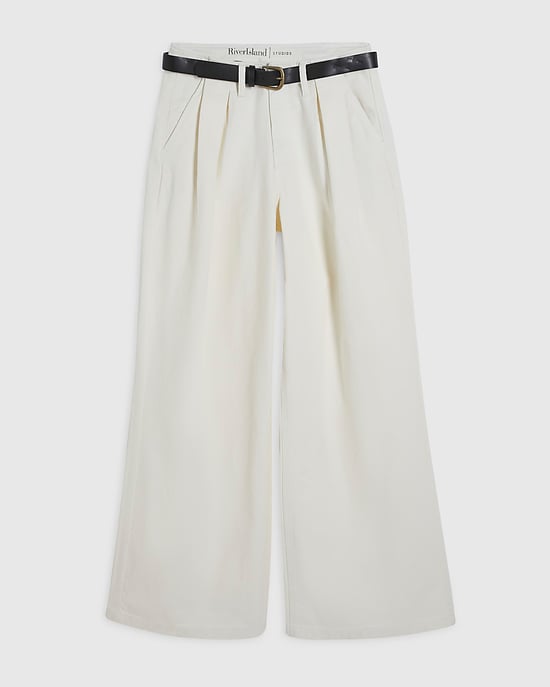 River Island Womens Wide Leg Jeans Cream Belted Pleated - Image 5