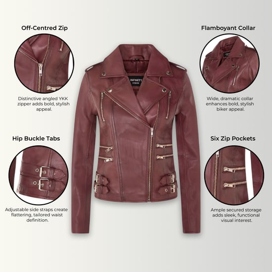 Womens Leather Burgundy Brando Biker Jacket-Constantia - Image 3