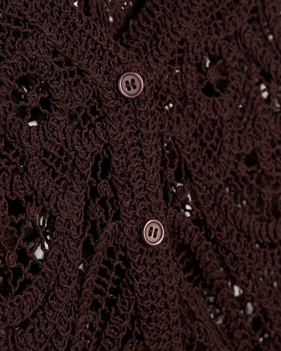 River Island Womens Cardigan Brown Crochet Short Sleeve V-Neck - Image 5